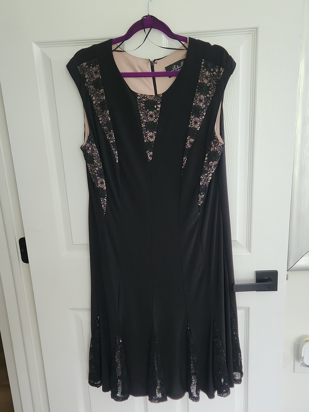 R&M Collection Elegant Black Lace-Accent Dress with Sequins & Godet Hem. Sz. 16